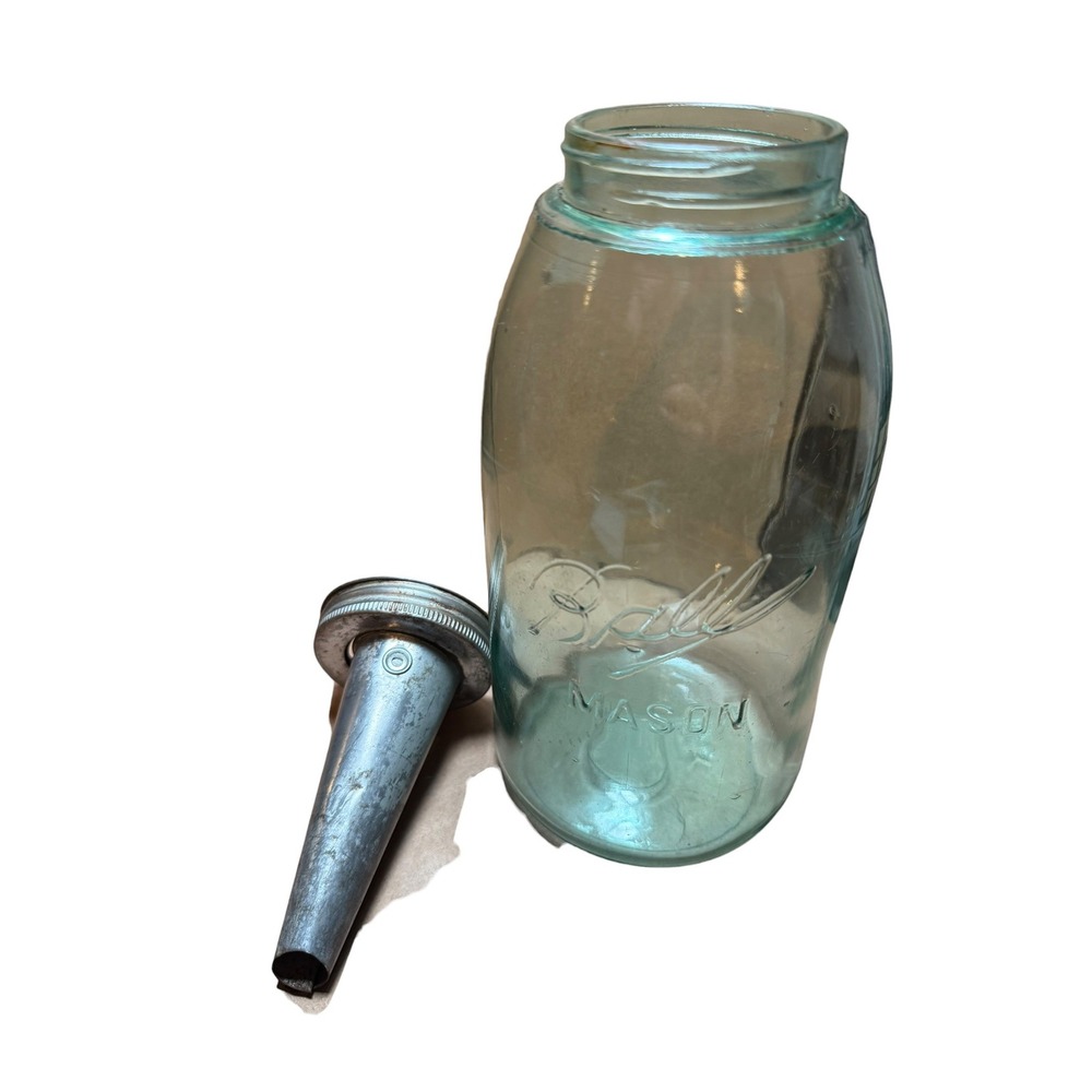 Ball Mason Jar Oil Dispenser Vintage Blue Glass Metal Spout Good Primitive Decor - Picture 4 of 9